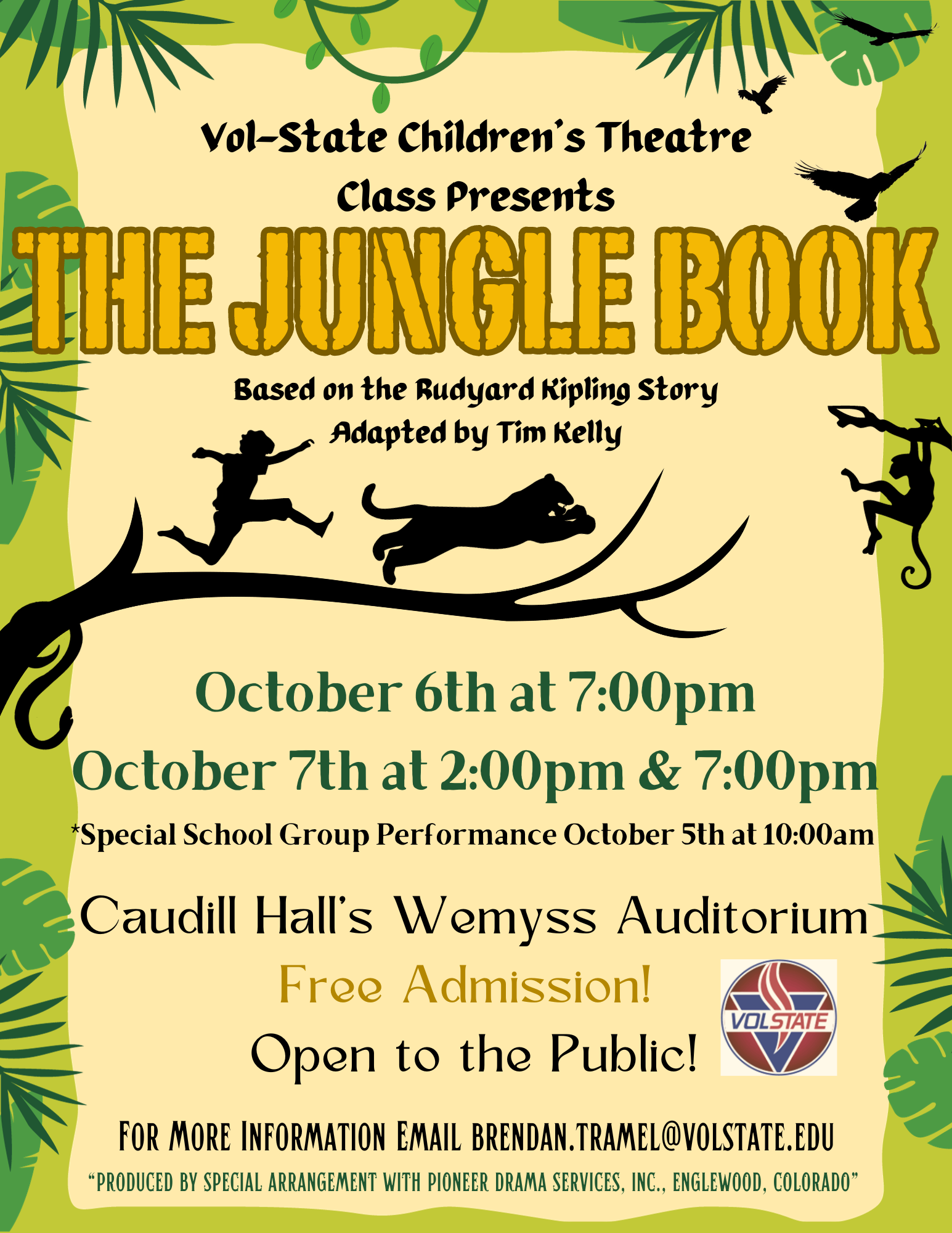 Vol State Children's Theatre Class presents The Jungle Book. Performances are October 6 at 7:00 pm and October 7 at 2:00 pm and 7:00 pm. Free admission and open to the public. The performance will be in Caudill Hall's Wemyss Auditorium on the Gallatin Campus.