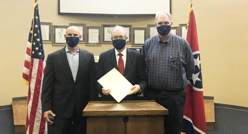Presenting the proclamation (left to right): County Executive Anthony Holt; Jerry Faulkner, Vol State President; and Scott Langford, Chairman of Sumner County Commission.