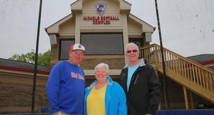 Vol State Softball coach Johnny Lynn with Chris and Warren Nichols at the Nichols Softball Complex on the Gallatin campus.
