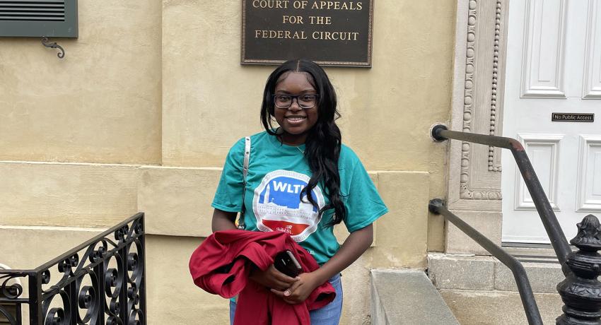 Shay in front of the Federal Court of Appeals