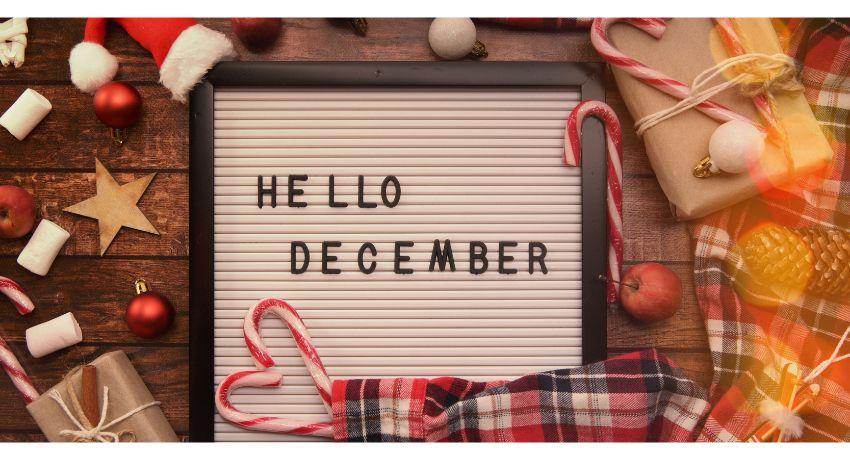 Hello December image with candy canes and other holiday decorations